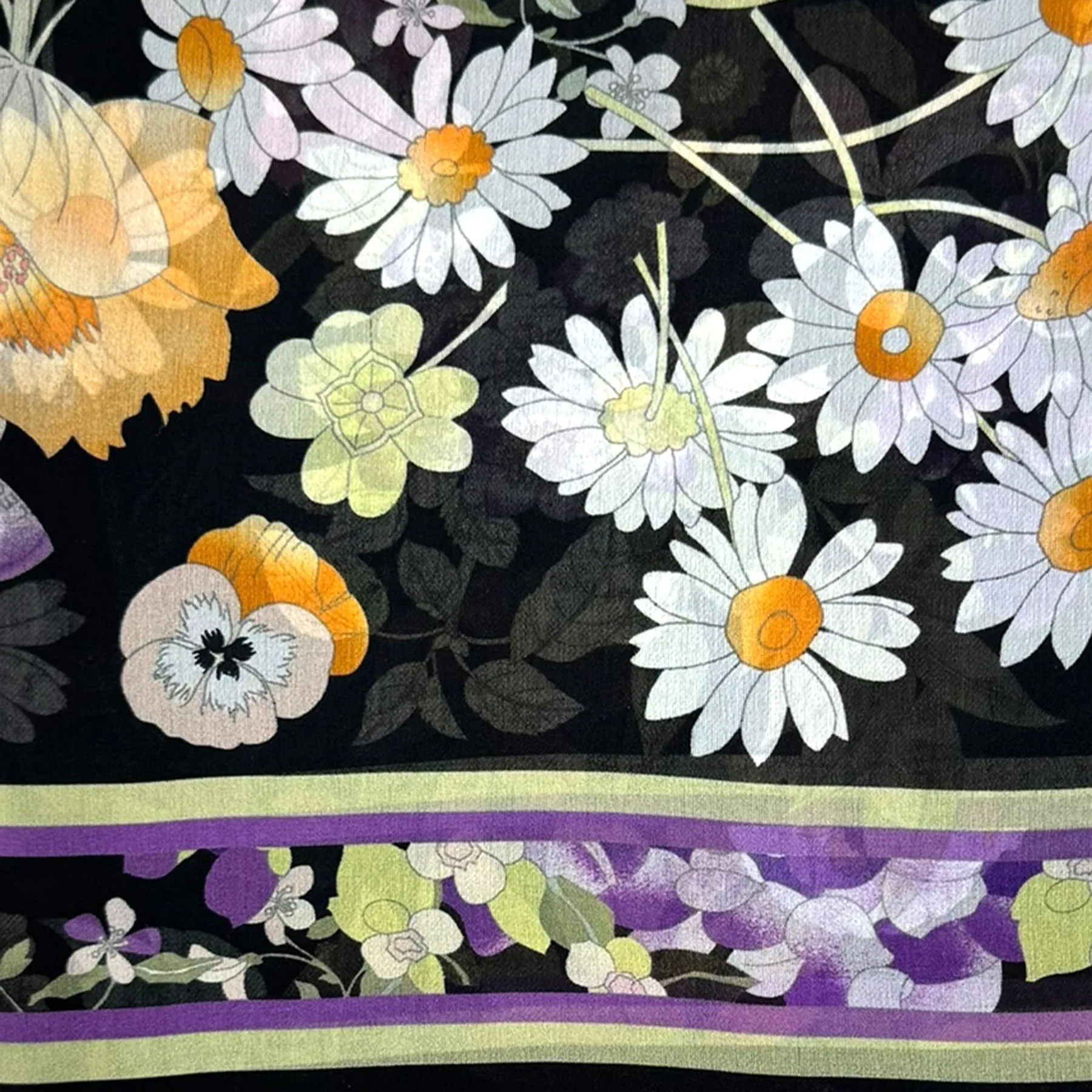 Leonard Paris Scarf Yellow Green Purple Floral Design - Chiffon Silk Shawl SALE