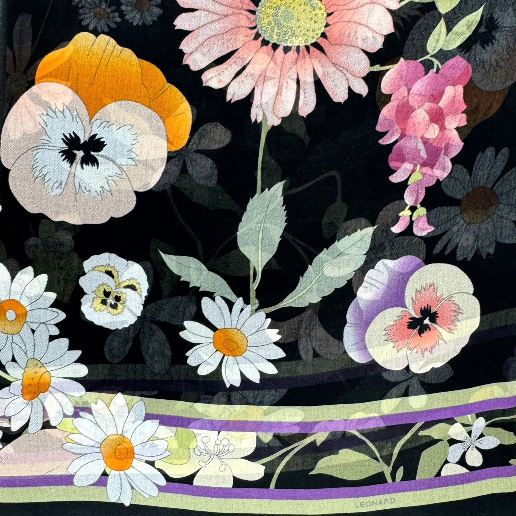 Leonard Paris Scarf Yellow Green Purple Floral Design - Chiffon Silk Shawl SALE