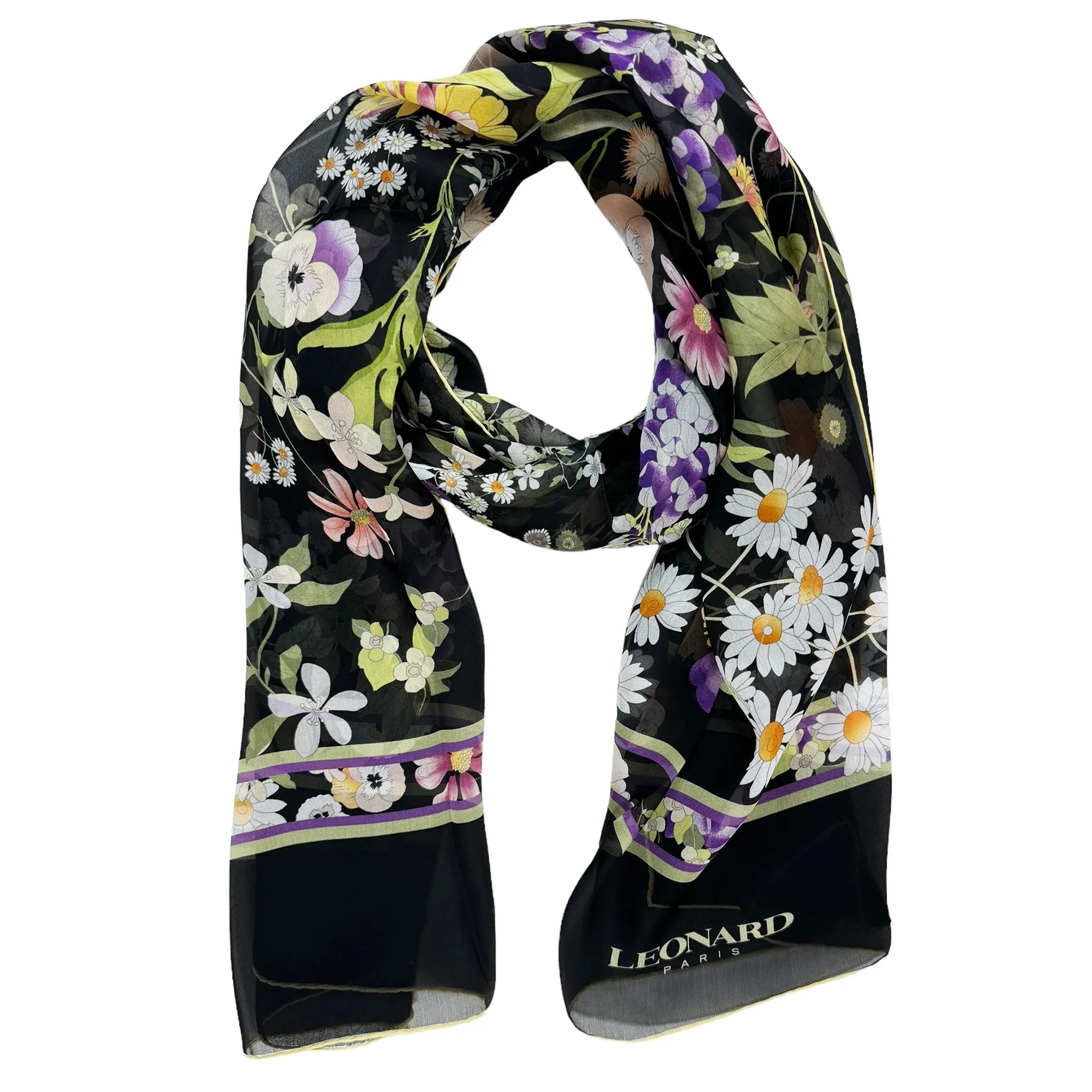 Leonard Paris Scarf Yellow Green Purple Floral Design - Chiffon Silk Shawl SALE
