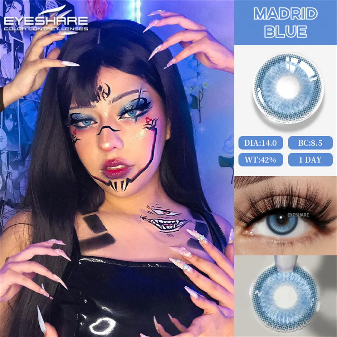 Qfdian Madrid Blue 1 Day Use I 14.0mm,10 Pcs=5Pair,Cosplay