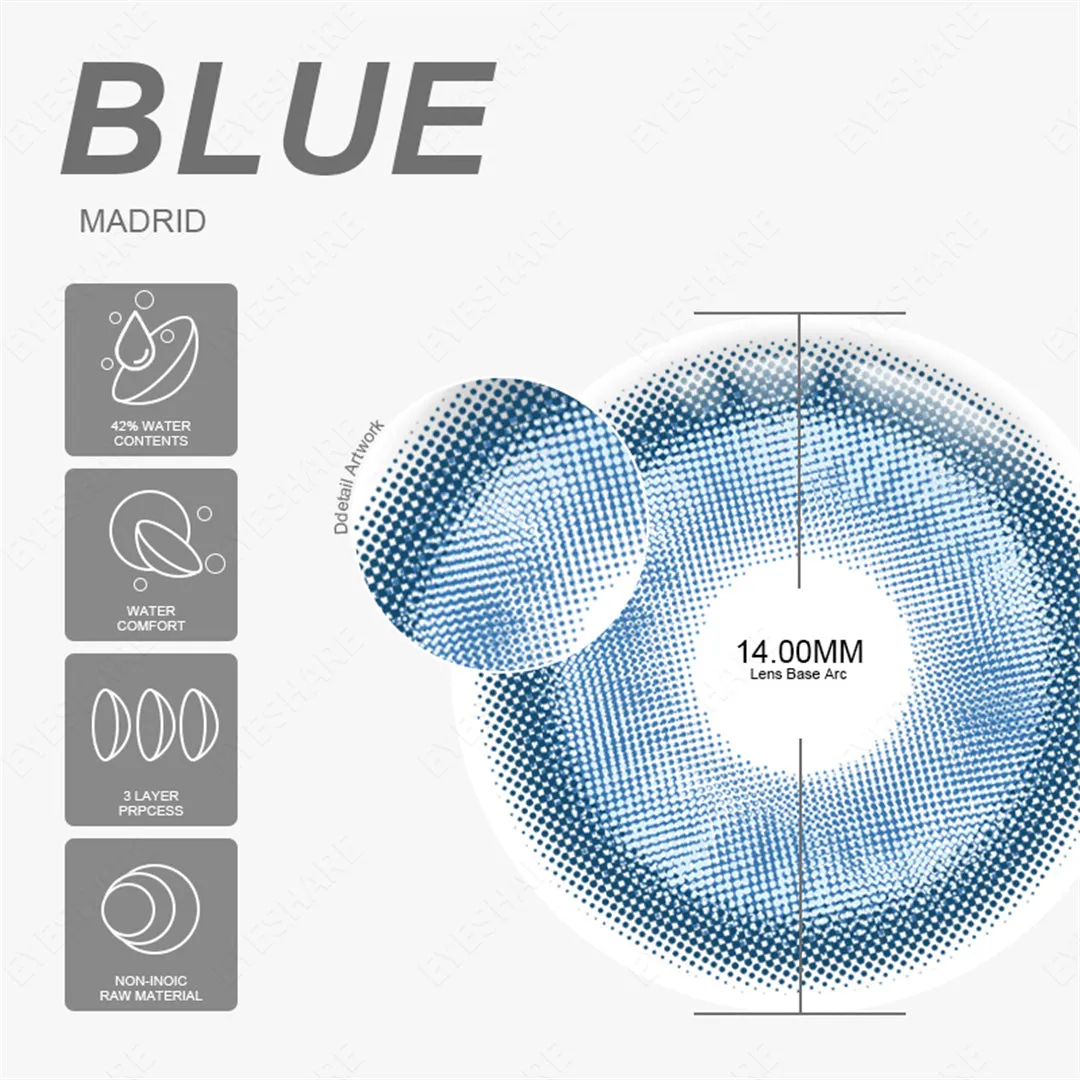 Qfdian Madrid Blue 1 Day Use I 14.0mm,10 Pcs=5Pair,Cosplay