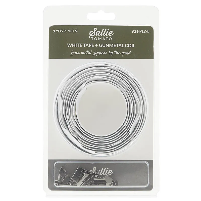 Sallie Tomato #3 Nylon Zipper Tape & Pulls - White with Gunmetal Coil