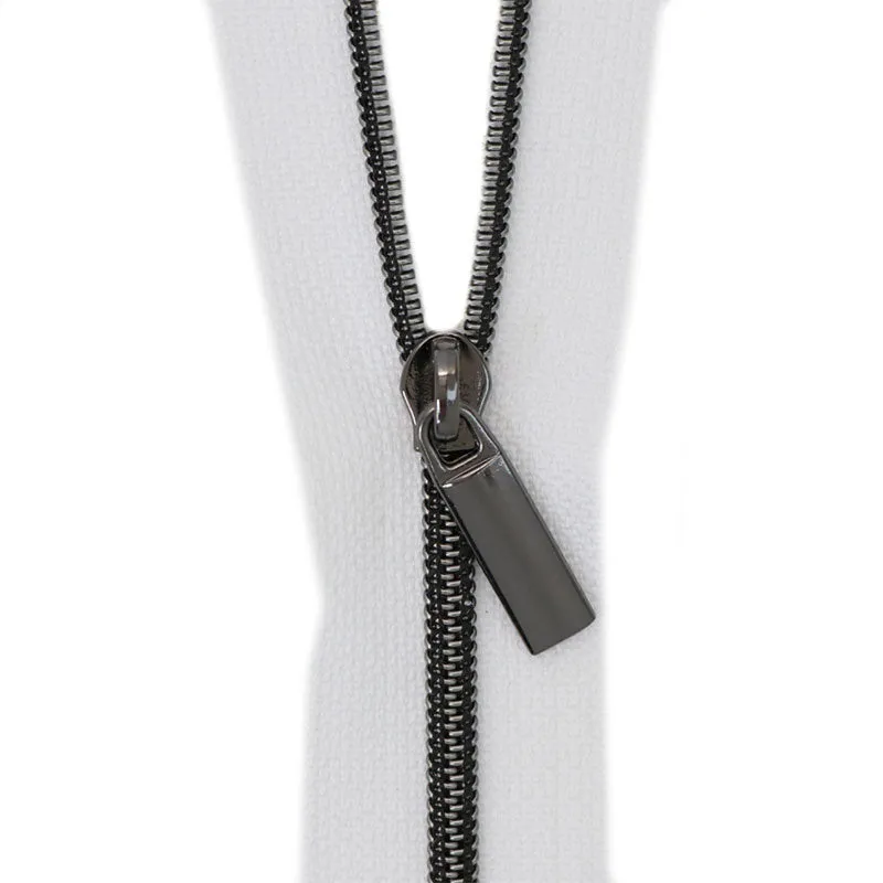 Sallie Tomato #3 Nylon Zipper Tape & Pulls - White with Gunmetal Coil
