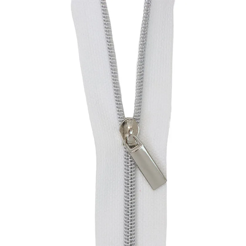 Sallie Tomato #3 Nylon Zipper Tape & Pulls - White with Nickel Coil