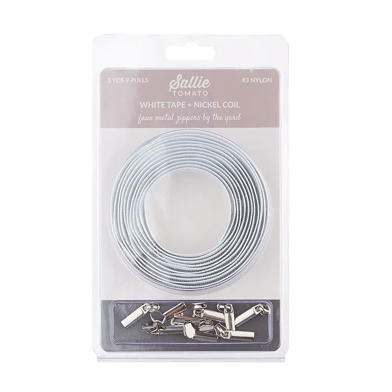 Sallie Tomato #3 Nylon Zipper Tape & Pulls - White with Nickel Coil