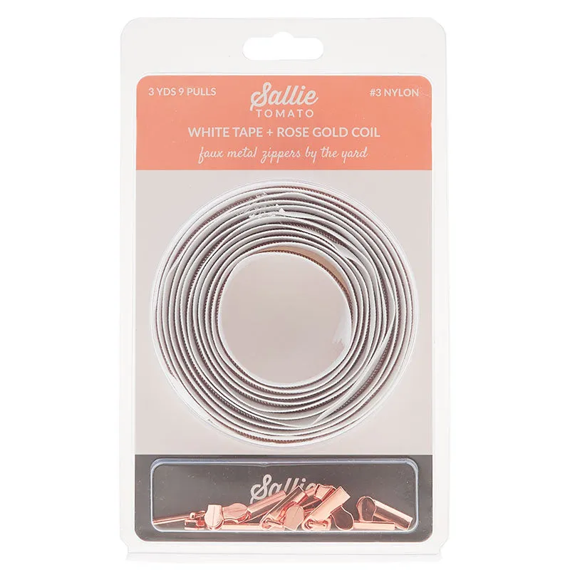 Sallie Tomato #3 Nylon Zipper Tape & Pulls - White with Rose Gold