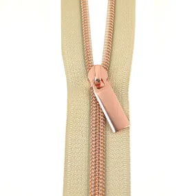 Sallie Tomato #5 Nylon Zipper Tape & Pulls - Beige with Rose Gold Coil