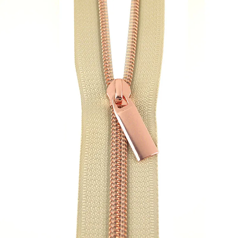 Sallie Tomato #5 Nylon Zipper Tape & Pulls - Beige with Rose Gold Coil