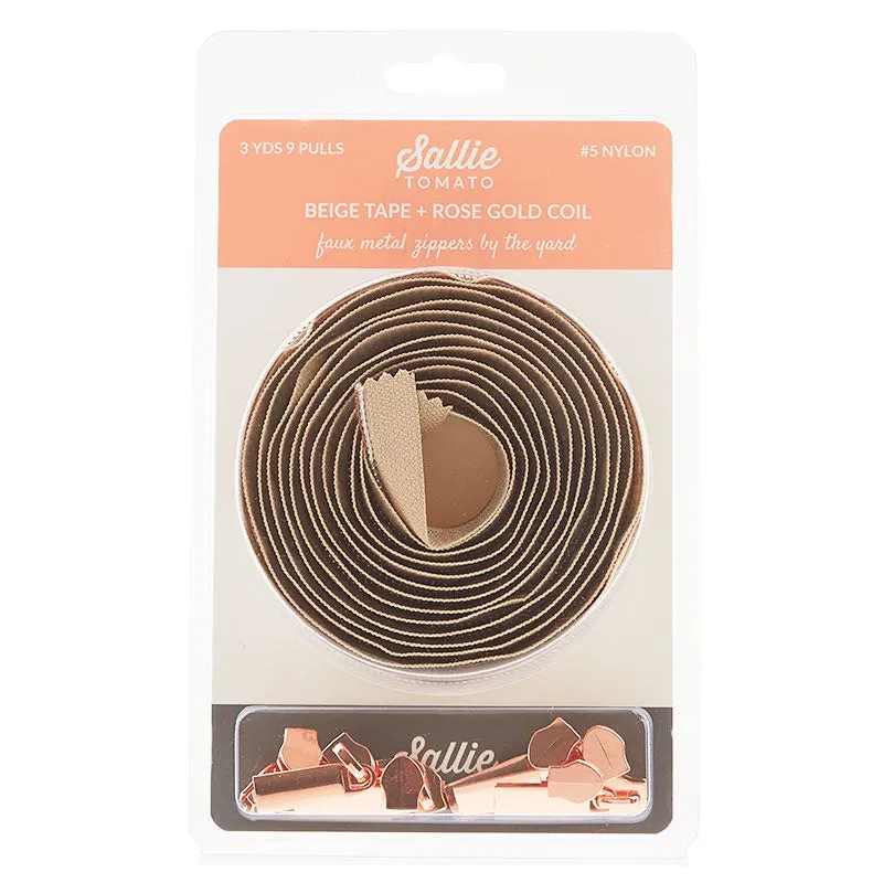 Sallie Tomato #5 Nylon Zipper Tape & Pulls - Beige with Rose Gold Coil