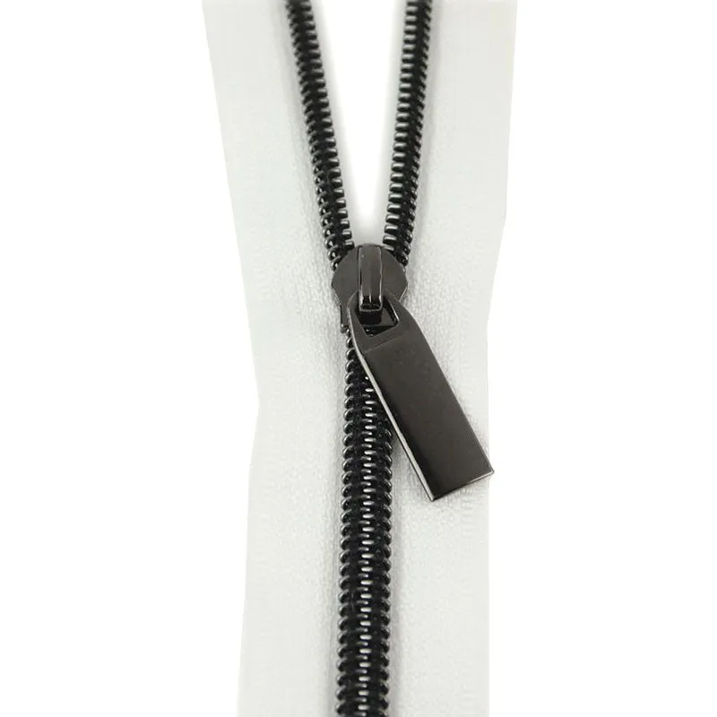 Sallie Tomato #5 Nylon Zipper Tape & Pulls - White with Gunmetal Coil