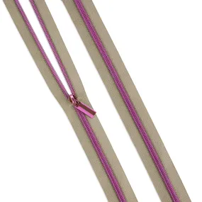 Sallie Tomato Tula Pink #5 Nylon Zipper Tape & Pulls - Beige with Pink Coil