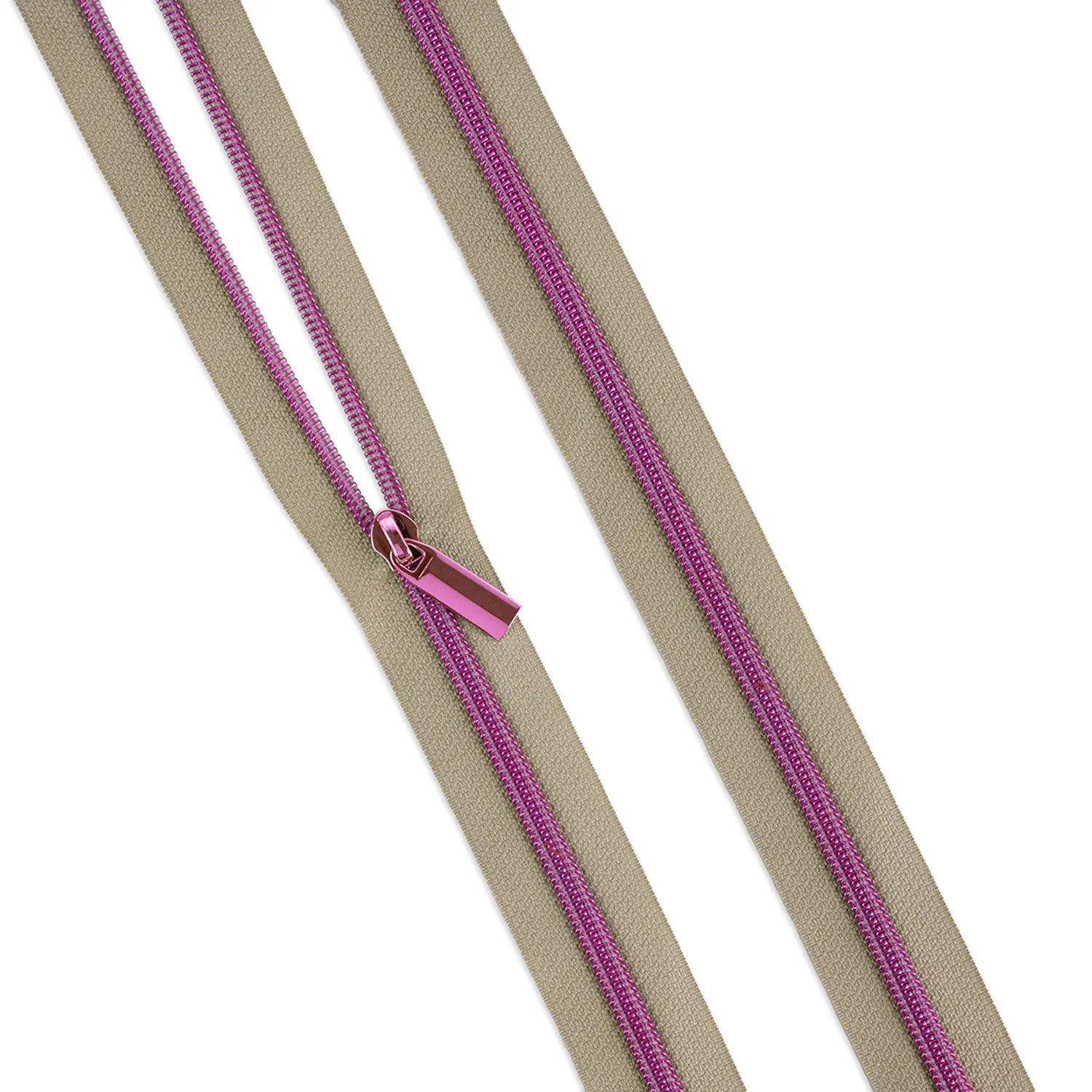 Sallie Tomato Tula Pink #5 Nylon Zipper Tape & Pulls - Beige with Pink Coil