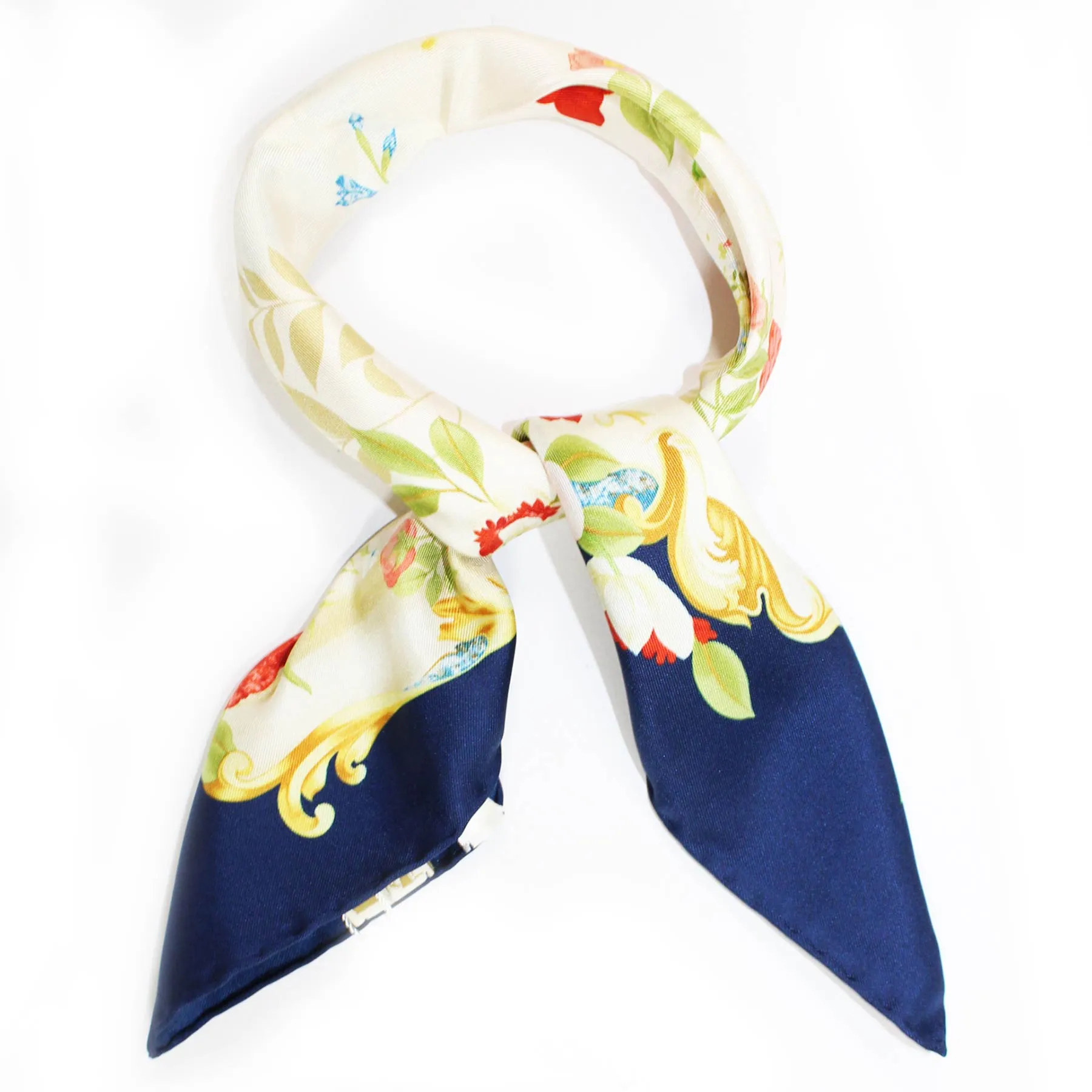 Salvatore Ferragamo Small Silk Scarf Navy Botanical