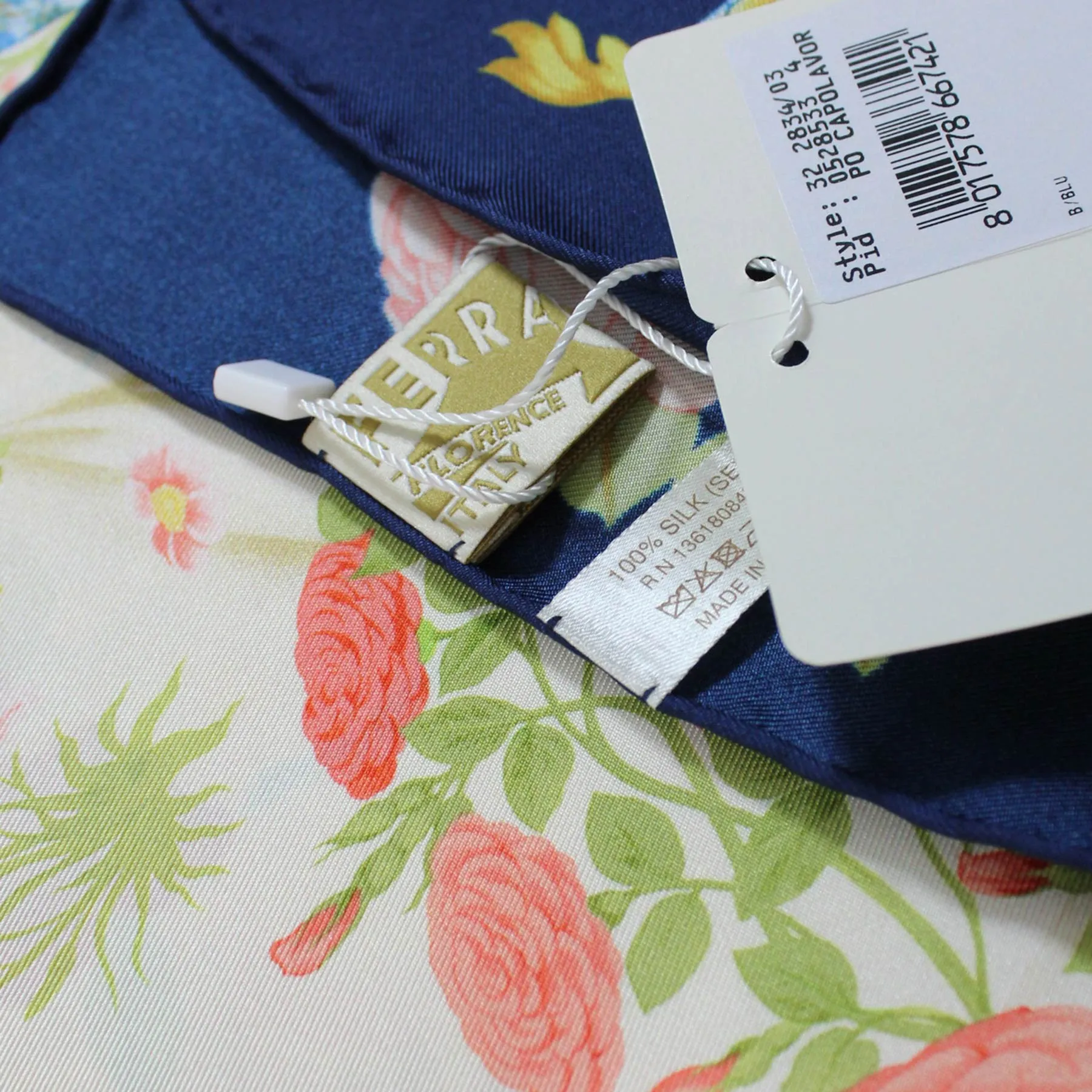 Salvatore Ferragamo Small Silk Scarf Navy Botanical