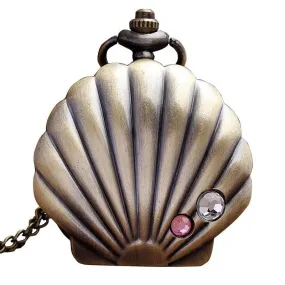 Vintage Unisex Crystal Decor Bronze Conch Shell Case Pendant Pocket Watch