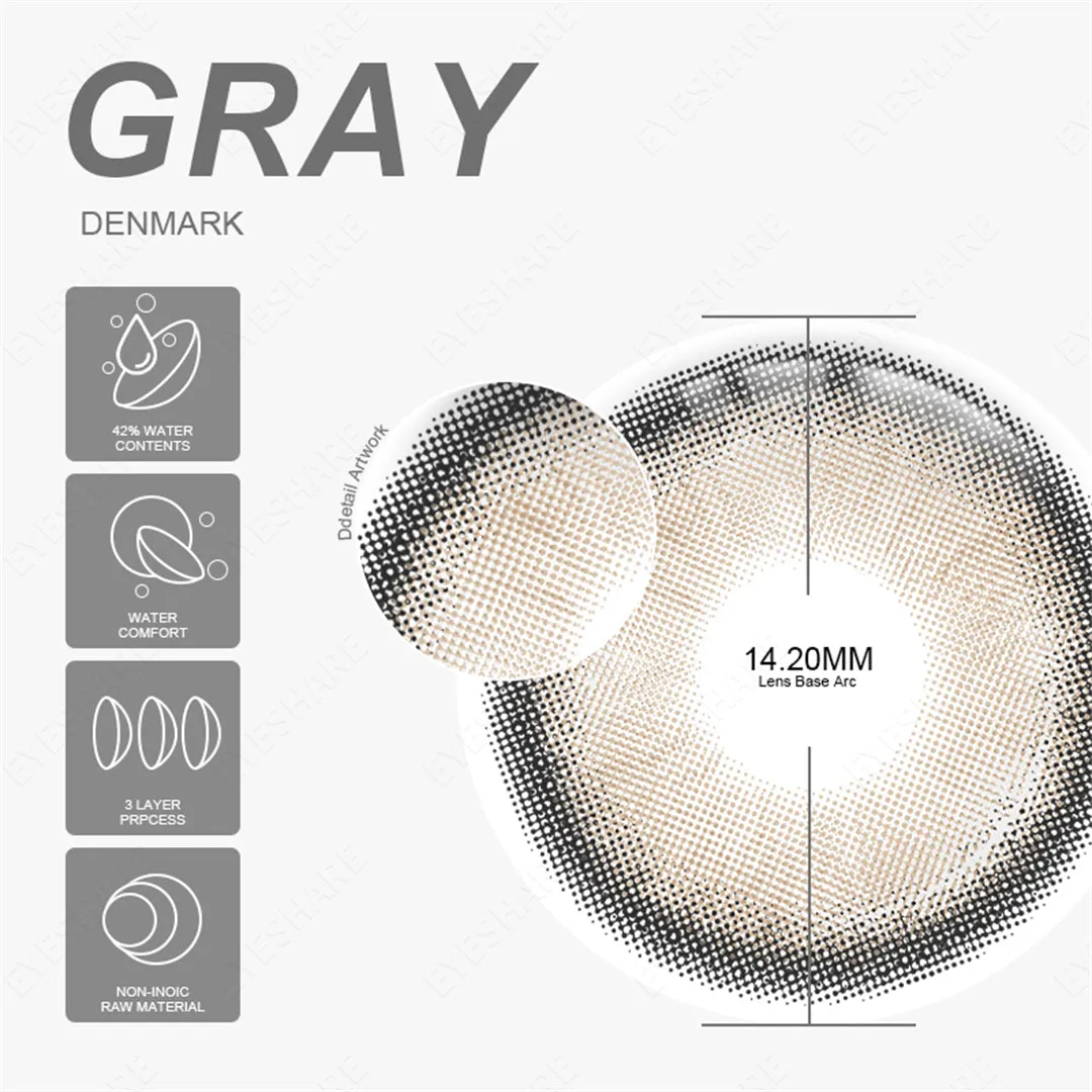 Yeknu Denmark Gray 1 Day Use I 14.2mm,10 Pcs=5Pair