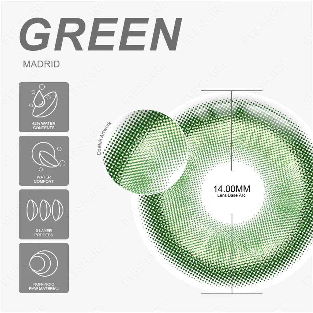 Yeknu Madrid Green 1 Day Use I 14.2mm,10 Pcs=5Pair